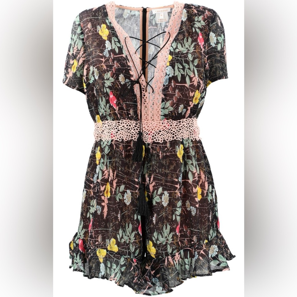 Foxiedox Floral Lace-Up Romper Pink Crochet Trim Tassel Tie Black‎ Size M
